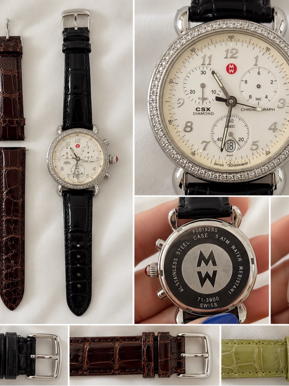 Michele CSX Diamond Chronograph Watch - White Dial, Black Strap